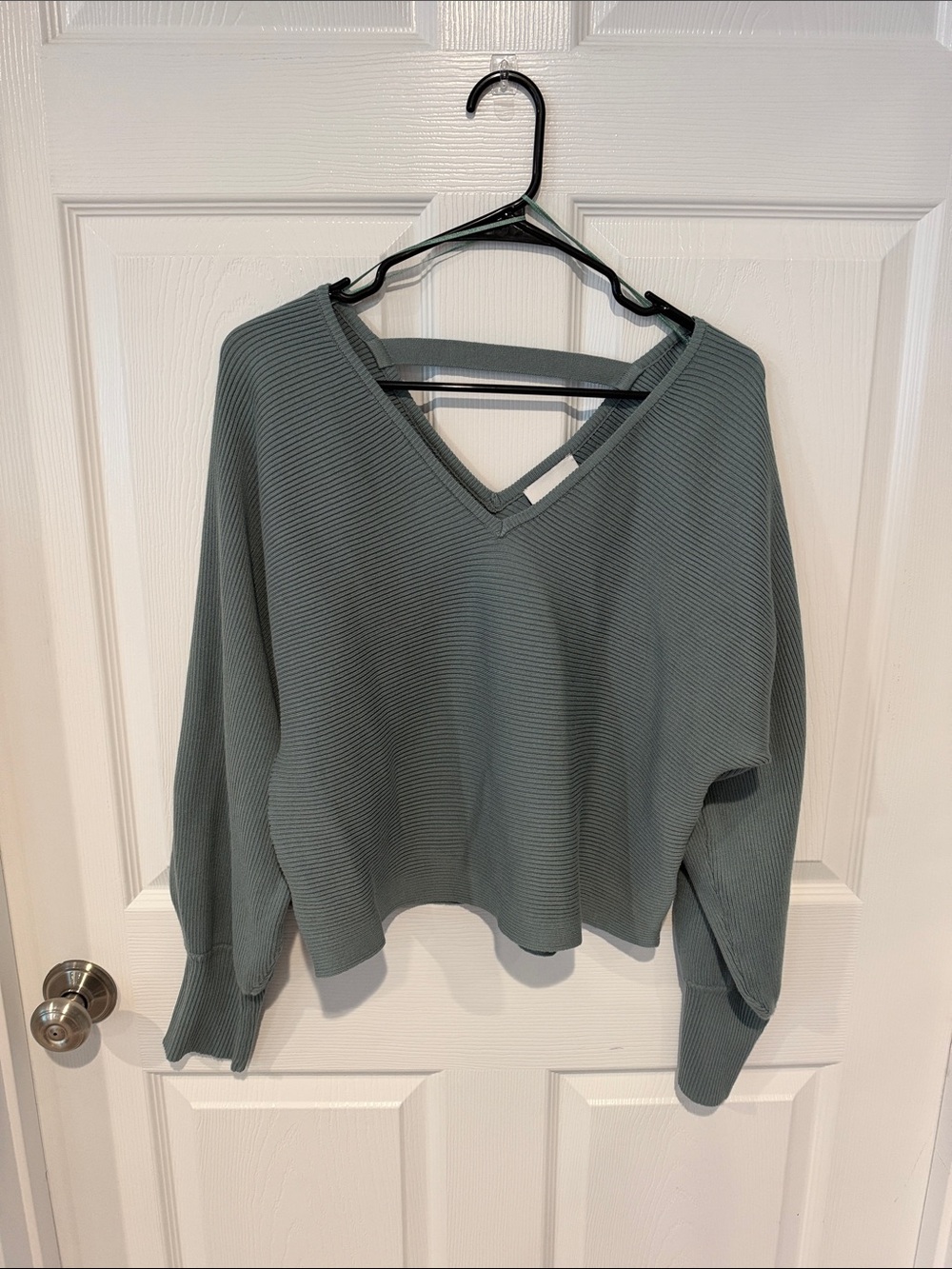 Pink Rose Ribbed V-Neck Sweater in Sage Green
